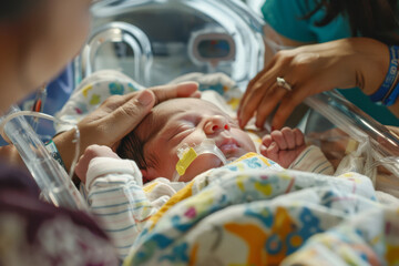 Young mother and her newborn son in the hospital ward. New life concept
