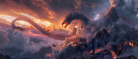 Epic fantasy scene of a fiery dragon emerging from a volcanic eruption against a dramatic sky.