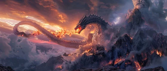 Foto auf Alu-Dibond Epic fantasy scene of a fiery dragon emerging from a volcanic eruption against a dramatic sky. © burntime555