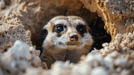 Fototapeta premium A meerkat peeks out from its hole in the sand. Generative AI.
