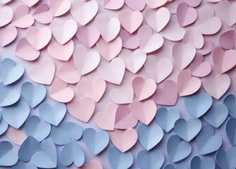 A bunch of pink and blue hearts are arranged on a wall. Generative AI.