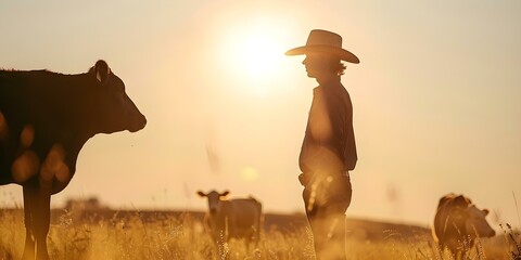 A cowboy in a fedora stands tall in a field surveying his cattle under the blazing sun. Concept Western Lifestyle, Cowboy Fashion, Cattle Ranching, Field Photography, Sunny Day Portrait - obrazy, fototapety, plakaty