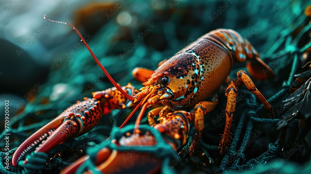 Poster a lobster is sitting on top of a net in the water. generative ai.