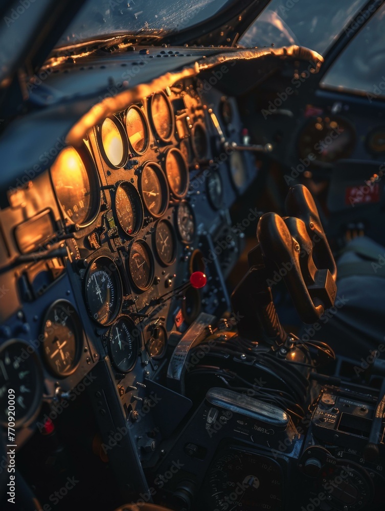 Poster a cockpit of a plane with many gauges and buttons. generative ai.