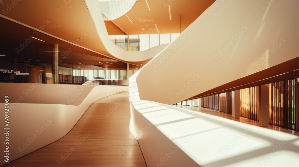 Poster a long hallway with a curved ceiling and windows. generative ai.