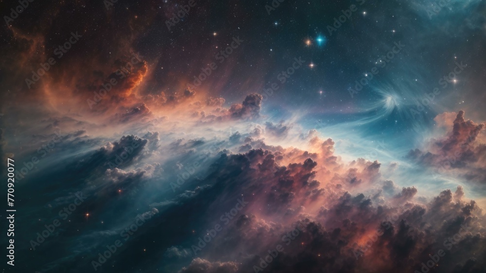 Poster a nebula in space with clouds and stars. generative ai.