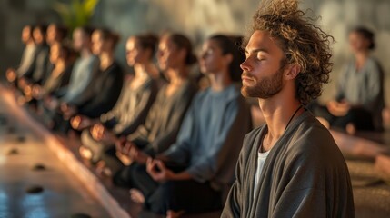 A group of people are sitting in a circle and meditating. The man in the center is looking at the camera - obrazy, fototapety, plakaty