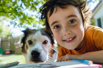 Portrait of a little boy with his dog in the park.
