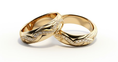 Two gold wedding rings with diamonds on a white background. Generative AI.