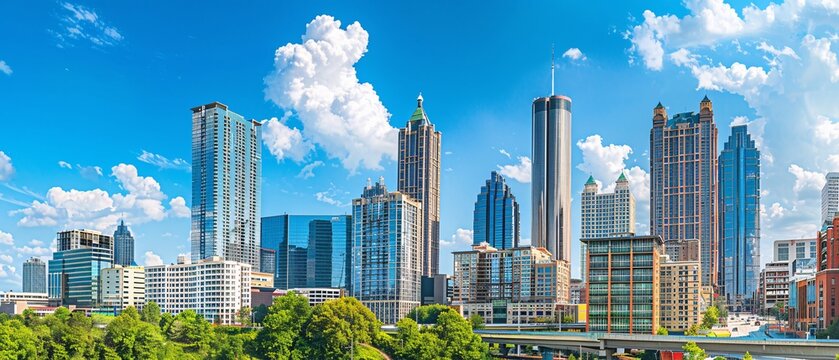 Downtown Atlanta Skyline showing several prominent buildings and hotels under a blue sky