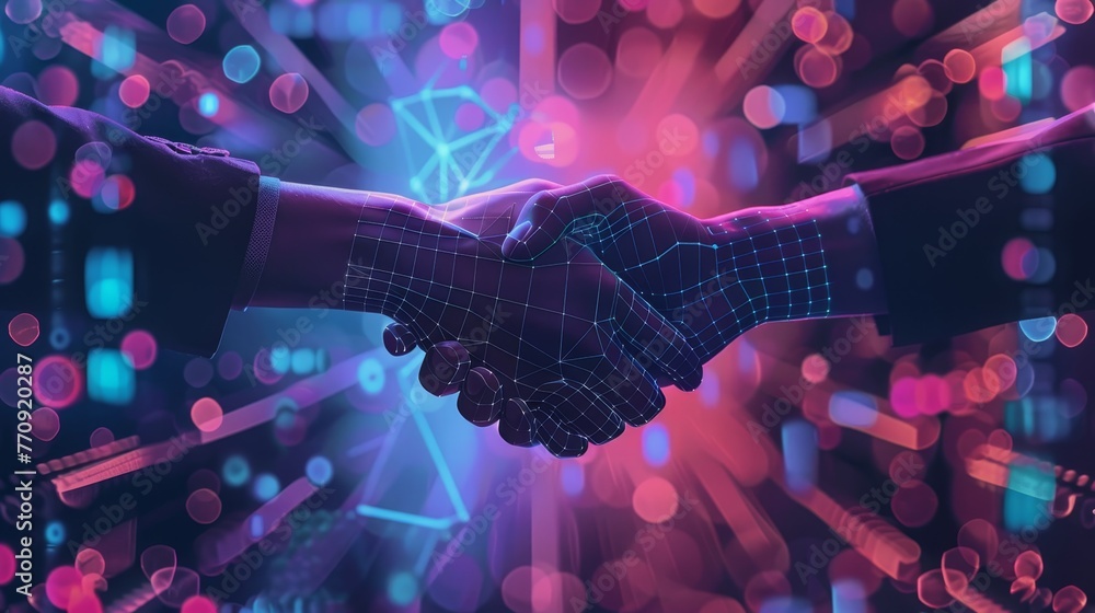 Poster a handshake between two people is shown in a colorful, abstract background. concept of connection an