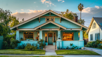 The freshness of morning light on a pastel turquoise Craftsman style house, suburban calm with the light chirping of birds, a new day dawning, quiet and fresh