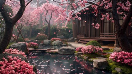 A beautiful garden with a pond and cherry blossoms. The pond is surrounded by rocks and the cherry blossoms are in full bloom. The garden is peaceful and serene, with a sense of tranquility - obrazy, fototapety, plakaty