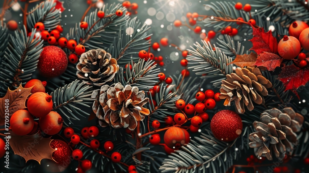 Poster a christmas tree with red berries and pine cones. the tree is surrounded by snow and the berries are