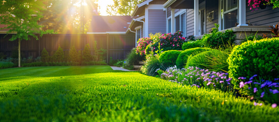 lush greenery and flower bed in the backyard residential house