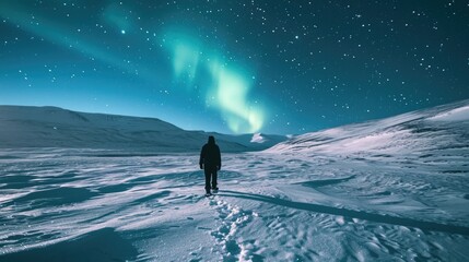 The picture of young or adult human that walking in the north pole or south pole and staring into the sky that fill with aurora and star in the night time yet the bright with aurora or star. AIGX03.