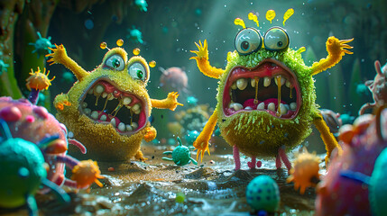 Colorful, cartoon-like monsters with big eyes and wide mouths in a fantastical, vibrant underwater scene - obrazy, fototapety, plakaty