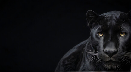 Front view of a Black Panther on black isolated background, Wild animals banner with copy space, textured, black