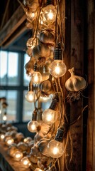A bunch of bulbs hanging from a wooden frame with garlic cloves. Generative AI.