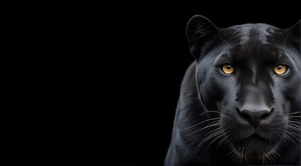 Front view of a Black Panther on black isolated background, Wild animals banner with copy space, textured, 