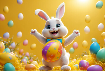 Funny cheerful Easter bunny and Easter eggs on Easter day. Cartoon Easter bunny with big eyes on a yellow background
