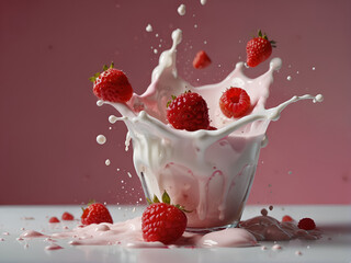 Raspberries and strawberries in cream, splashes of milk - obrazy, fototapety, plakaty