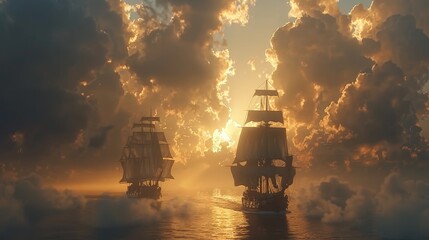 Two large ships sail in the ocean at sunset. The sky is cloudy and the sun is setting