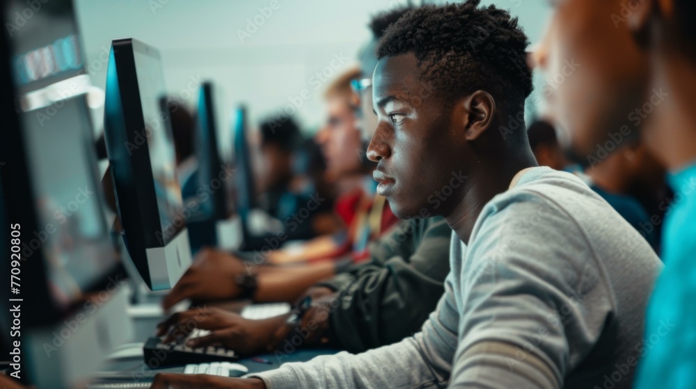 Poster a group of young men sitting at computers in a classroom. generative ai.