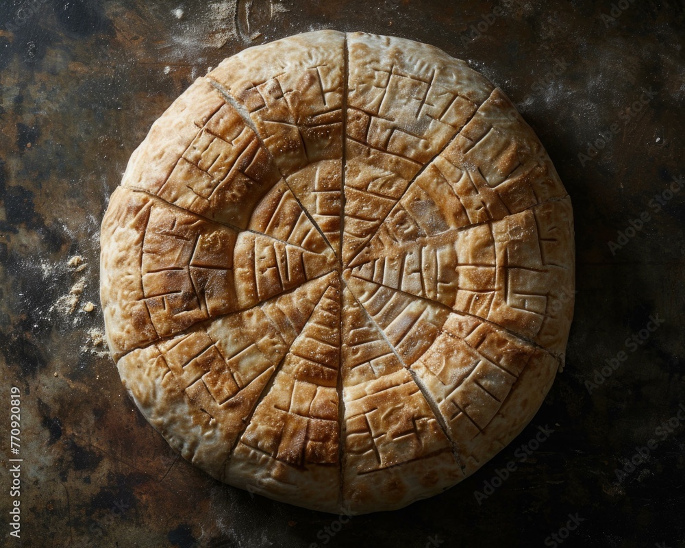 Poster a close up of a round bread with cuts in it. generative ai.
