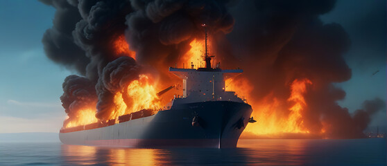 Fototapeta premium A Large Cargo ship on fire, had a lot of fire and smoke in the middle of sea, pollution