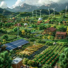 A 3D depiction of renewable energy sources from biotechnology, including solar panels powered by bioenergy and wind turbines in a lush, green field