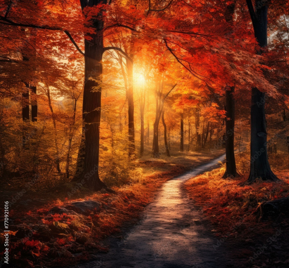 Poster a path through a forest with trees and sun shining. generative ai.