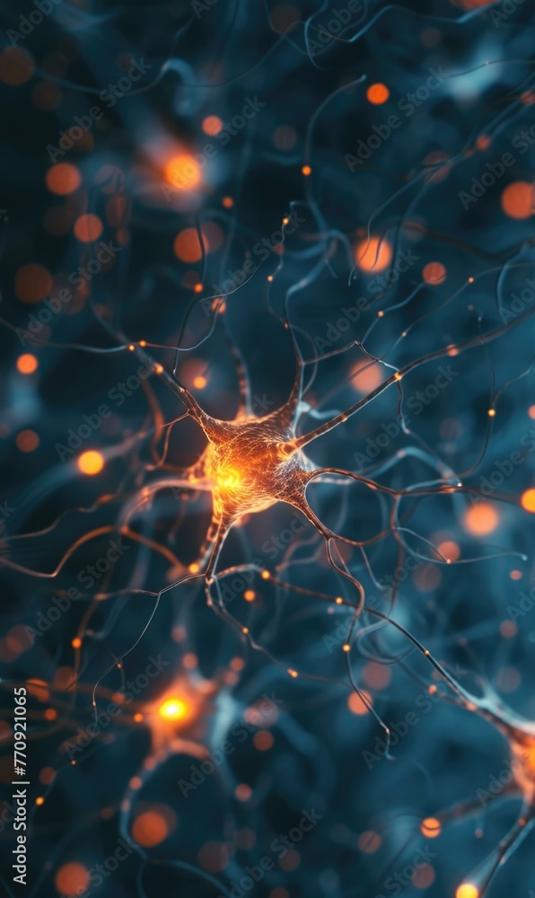 Poster a close up of a neuron cell with glowing lights. generative ai.