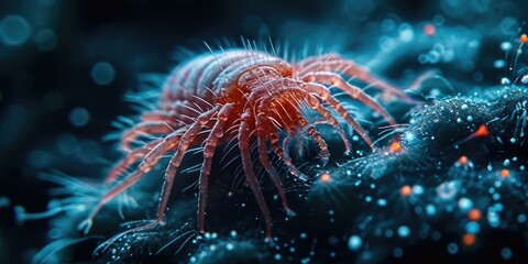 A red spider crawling on a rock with water droplets. Generative AI.
