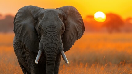 Fototapeta na wymiar An elephant standing in a field with the sun setting behind it. Generative AI.