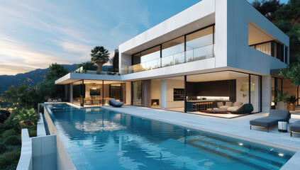 Modern villa with infinity pool and mountain view, real estate photography, ultra realistic. Created with Ai