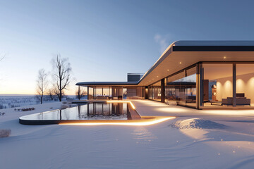 An expansive view of a sleek, modern home in the clear light of a winter afternoon, with the sun...