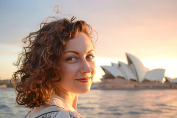 Portrait of a beautiful woman on the background of the Sydney Opera House
