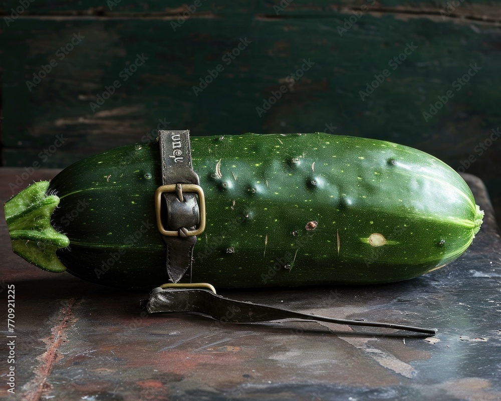 Poster a cucumber with a leather strap on it sitting next to some other vegetables. generative ai.