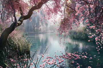 A serene pond surrounded by weeping willows, their graceful branches dipping into the water, adorned with delicate pink blossoms. - obrazy, fototapety, plakaty