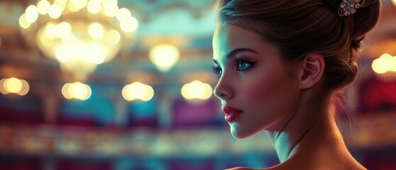 A woman with a red lip and hair in front of chandeliers. Generative AI.