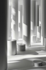 A room with white pillars and a lot of shadows. Generative AI.
