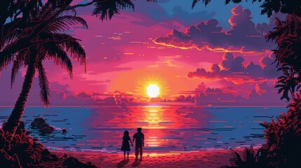 Fototapeta premium A couple standing on a beach at sunset. The sky is a beautiful mix of pink and orange hues