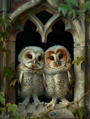 Two owls standing on a medieval window. - 770921249