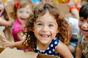 Cute little girl with curly hair playing with cardboard box in kindergarten
