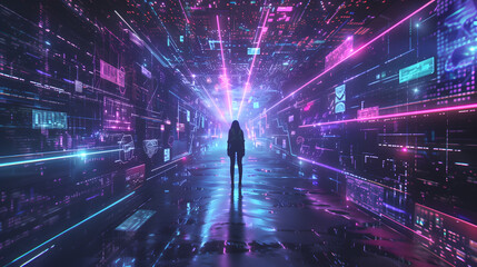 A girl stands in the center of an endless digital space surrounded by glowing holographic screens and futuristic interface elements, with neon lights illuminating her silhouette
