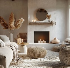 Cozy winter living room with grey sofa, white rug and fireplace in the corner