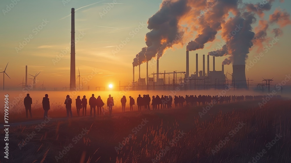 Poster a group of people are walking in a field with a large factory in the background. the sky is orange a