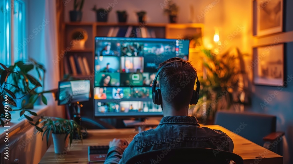 Poster a man is sitting at a desk with a computer monitor in front of him. he is wearing headphones and he 
