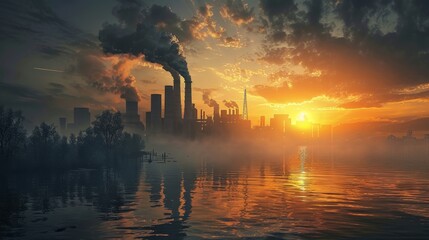 Fototapeta premium A city skyline is reflected in the water, with a large factory in the background. The sky is orange and the sun is setting, creating a moody atmosphere